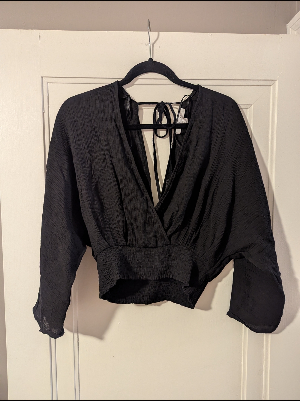FAVLUX Black V-Neck Tie-Back Cropped Blouse